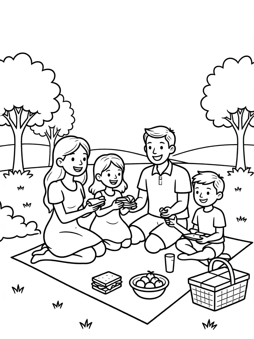 A happy family is having a picnic.
