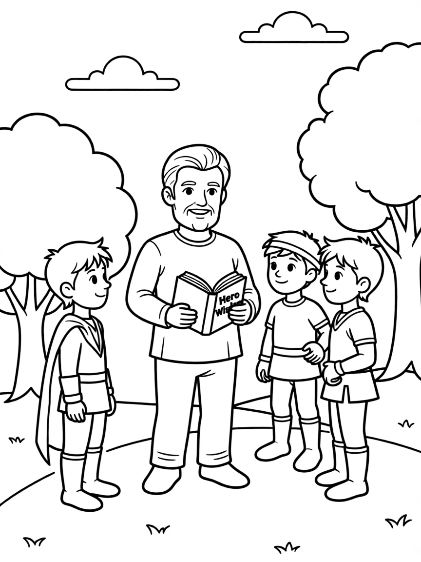 An elderly hero sharing wisdom with younger heroes