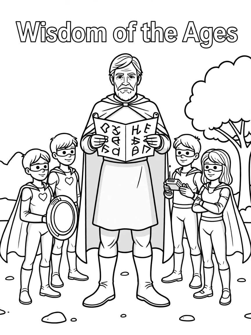 An elderly hero sharing wisdom with younger heroes
