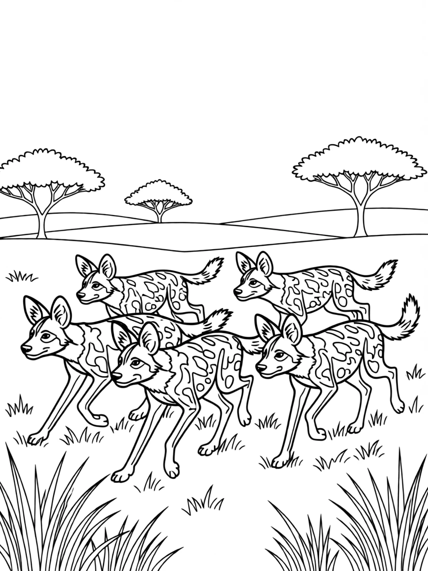 (South Africa) A pack of African wild dogs (painted dogs) running together across the savanna.