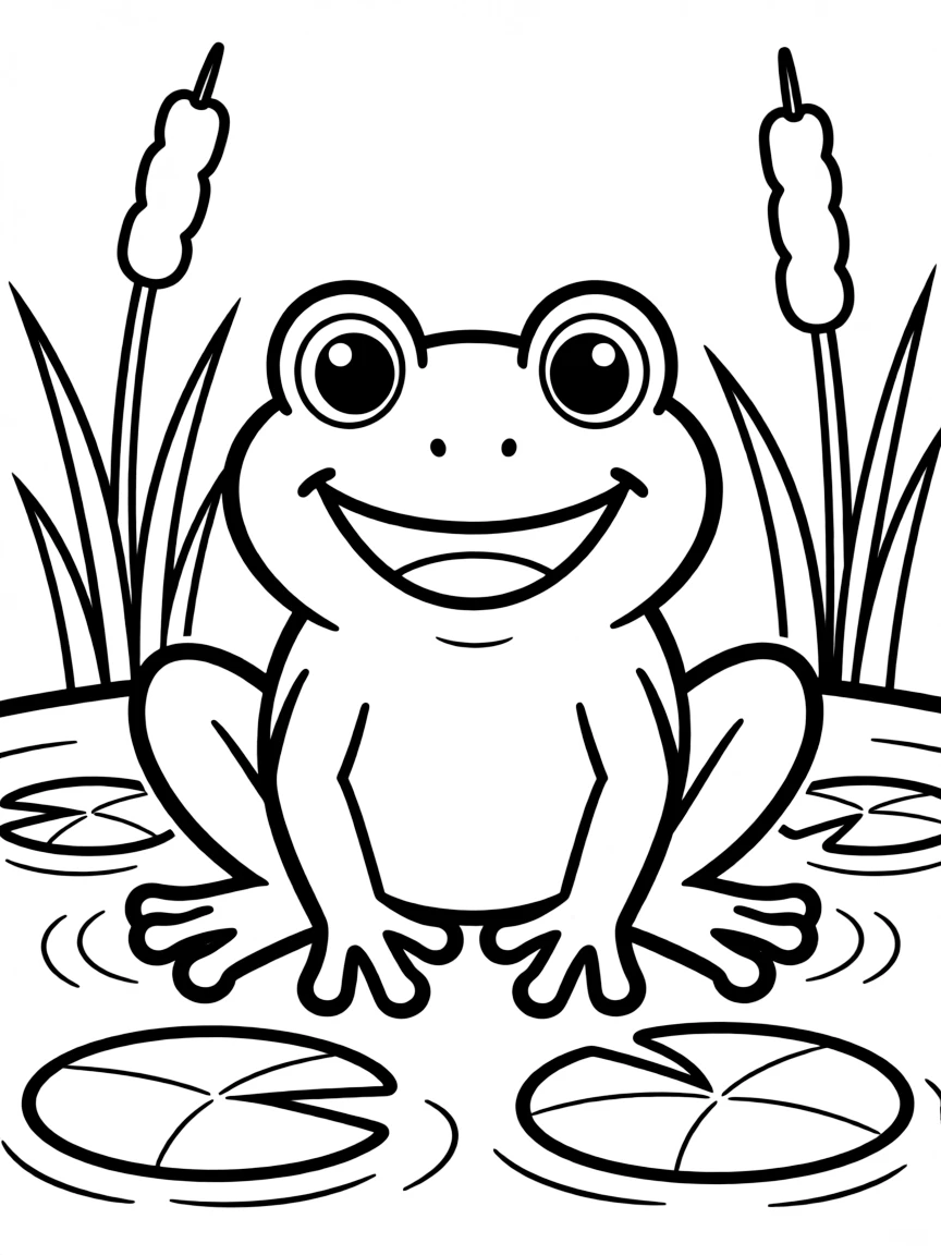 F – Frog: A happy green frog with big round eyes, sitting forward.