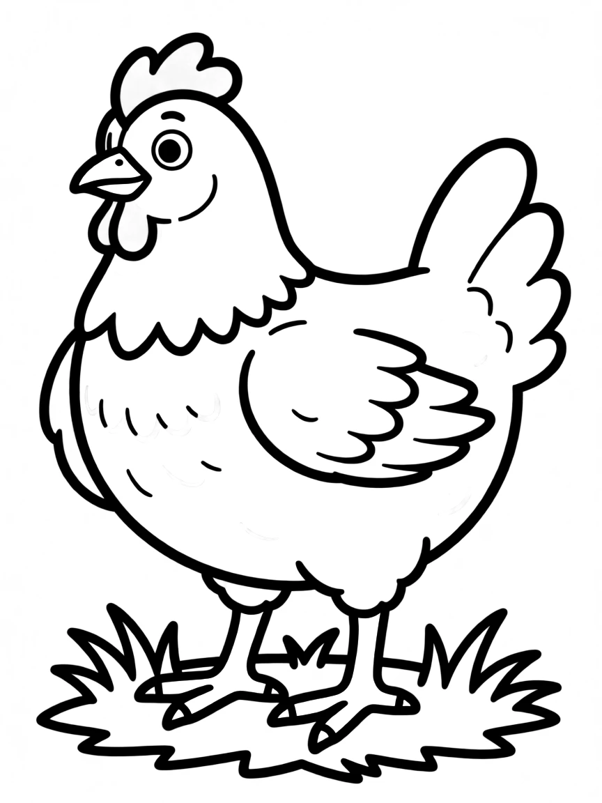 H – Hen: A plump orange-brown hen standing on yellow legs.