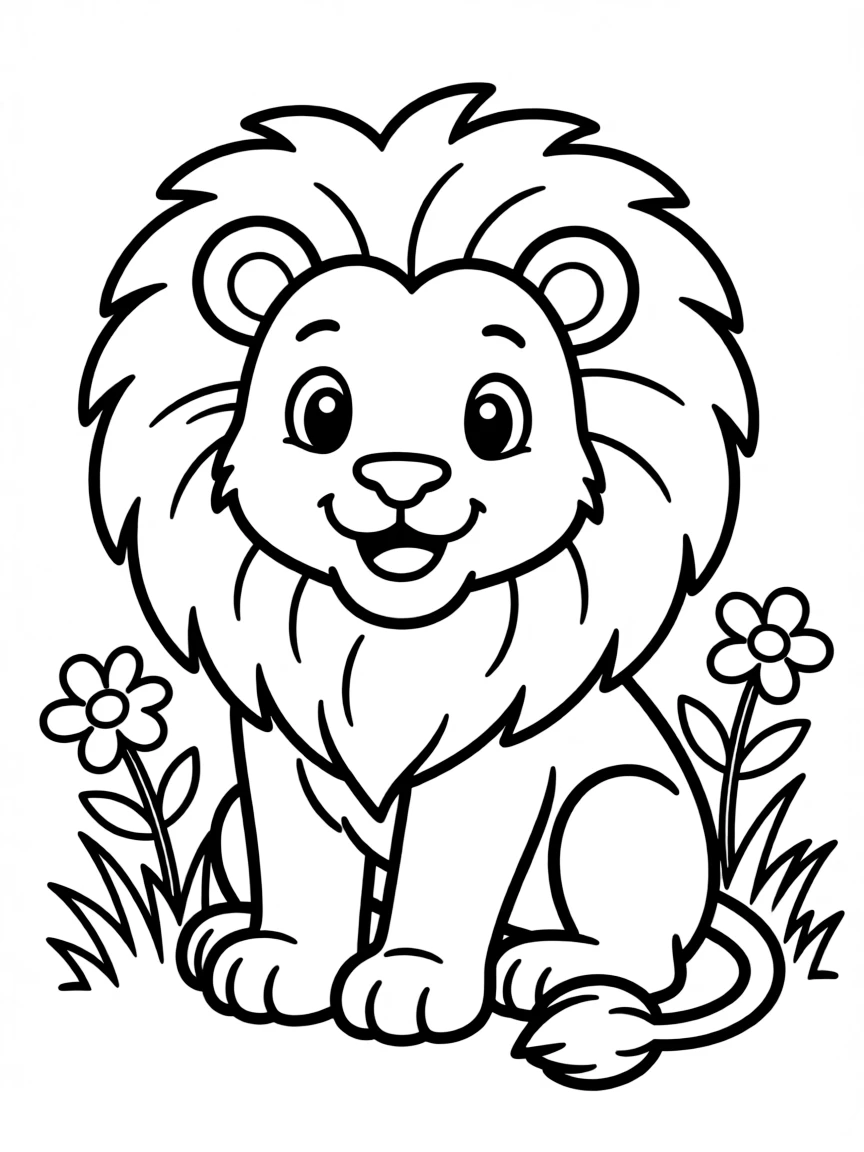 L – Lion: A cute cartoon lion with a big fluffy brown mane.