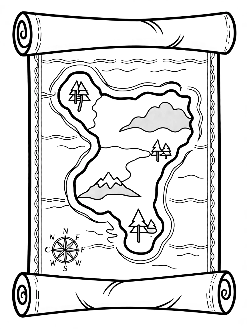 M – Map: A rolled parchment map with green land and blue sea marked.