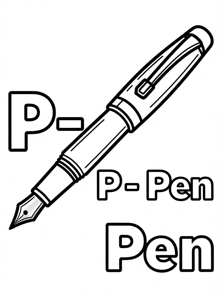 "P – Pen": A black fountain pen with a gold nib.