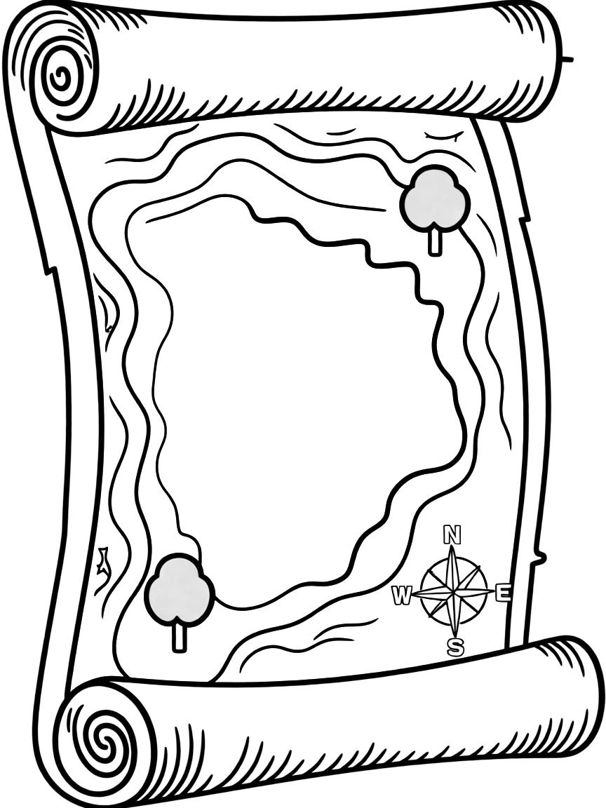 M – Map: A rolled parchment map with green land and blue sea marked.