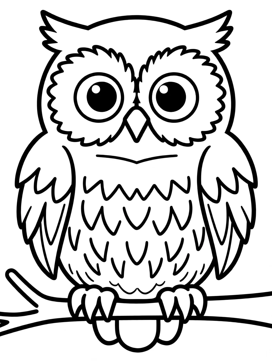 O – Owl: A round orange owl with big blue eyes sitting forward.