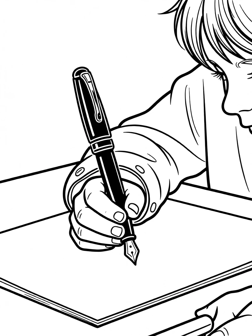 P – Pen: A black fountain pen with a gold nib.