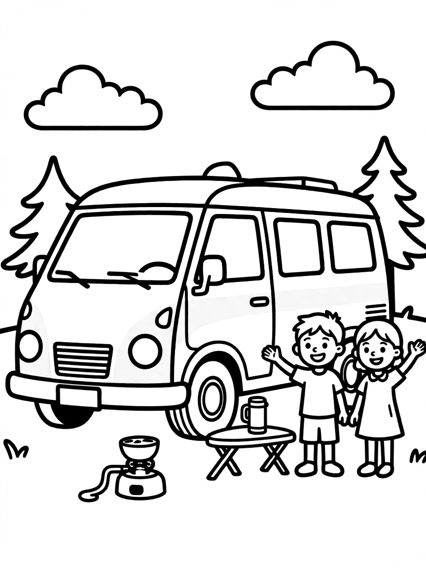 V – Van: A bright yellow and orange camper van with windows.