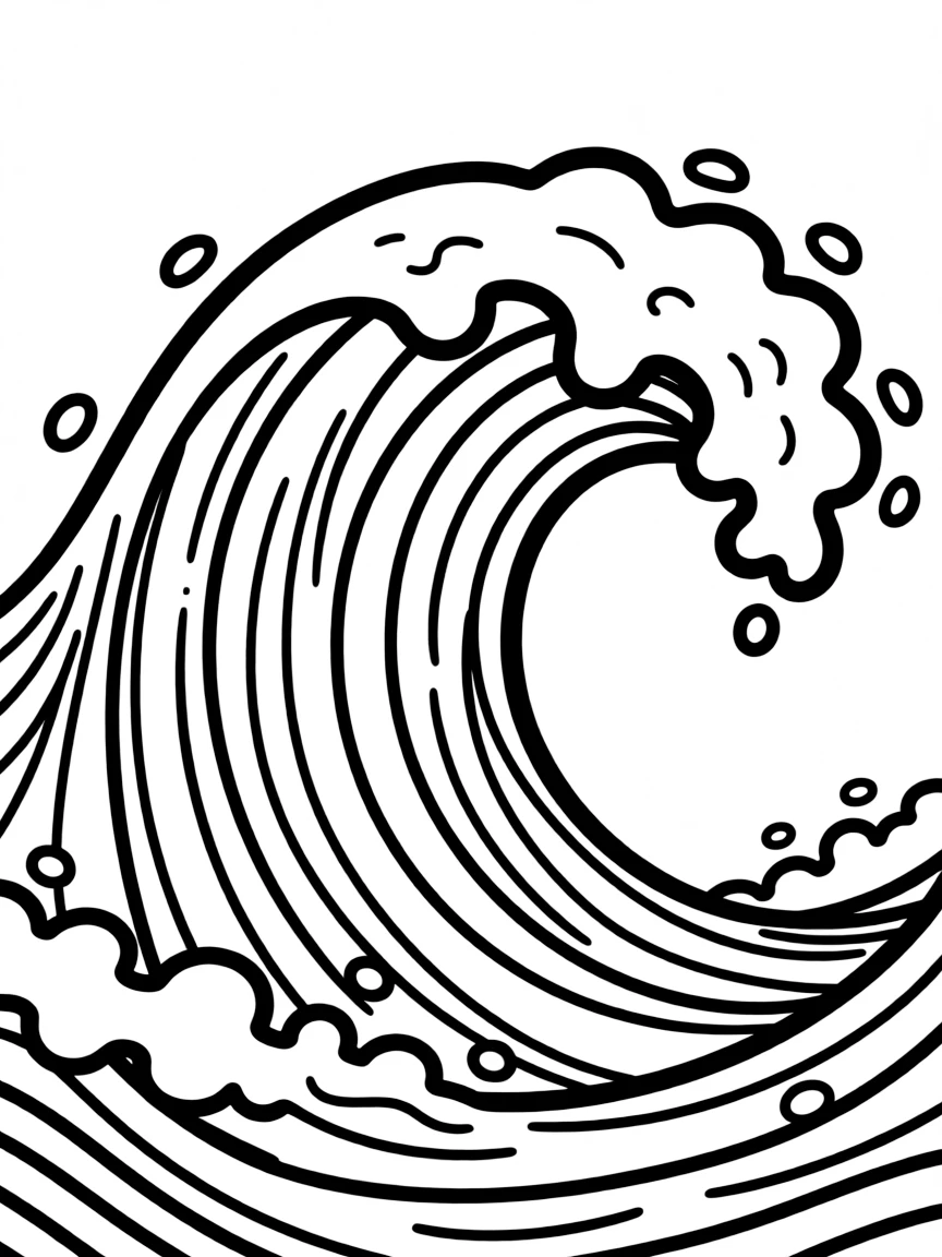 W – Wave: A blue ocean wave curling forward.