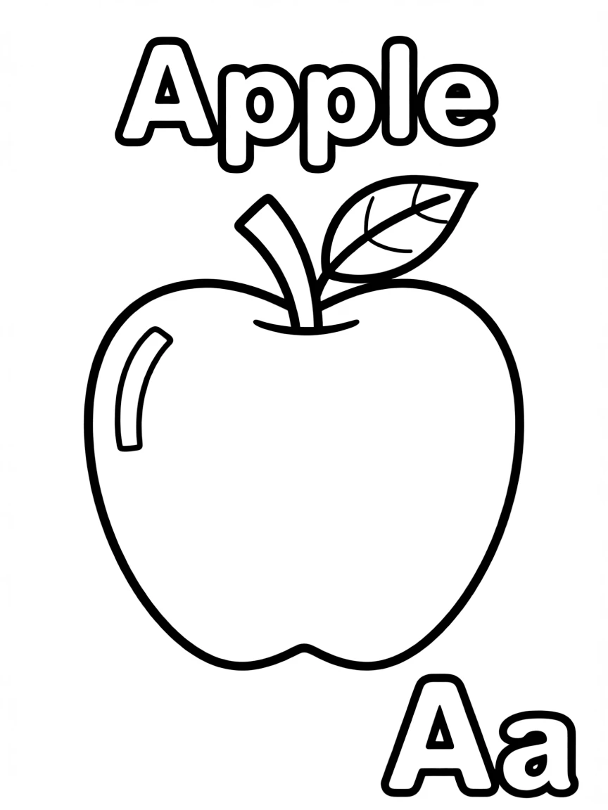 An apple in the center, letter "Apple" on the top, and big letter "Aa" at the bottom right corner.