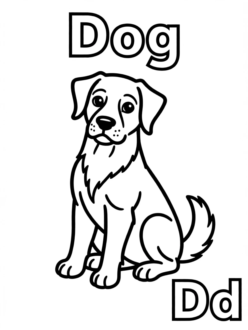 A dog in the center, the word "Dog" on the top, and big letter "Dd" at the bottom right corner.