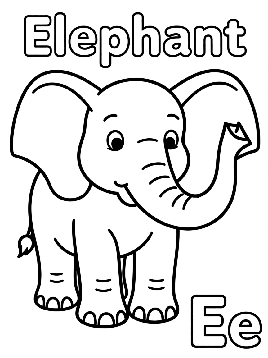 An elephant in the center, the word "Elephant" on the top, and big letter "Ee" at the bottom right corner.