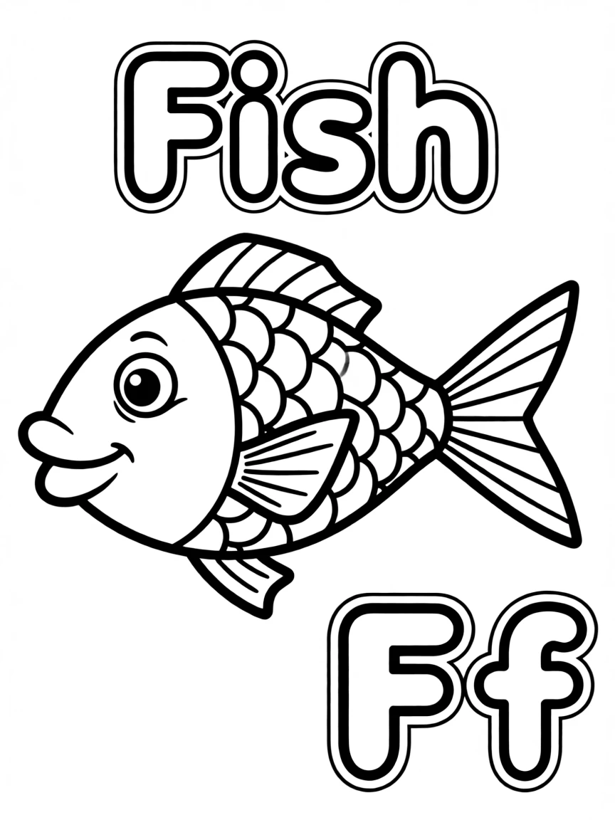 A fish in the center, the word "Fish" on the top, and big letter "Ff" at the bottom right corner.