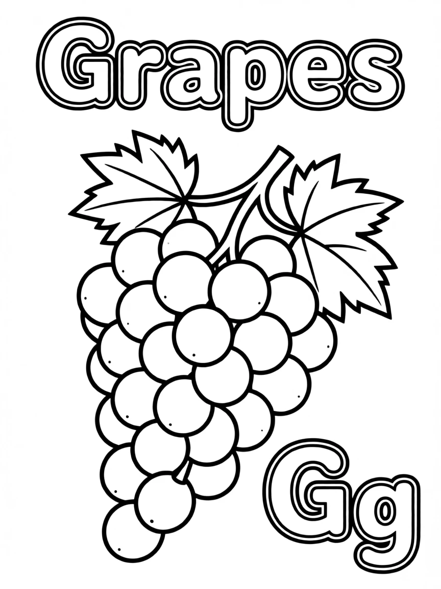Grapes in the center, the word "Grapes" on the top, and big letter "Gg" at the bottom right corner.