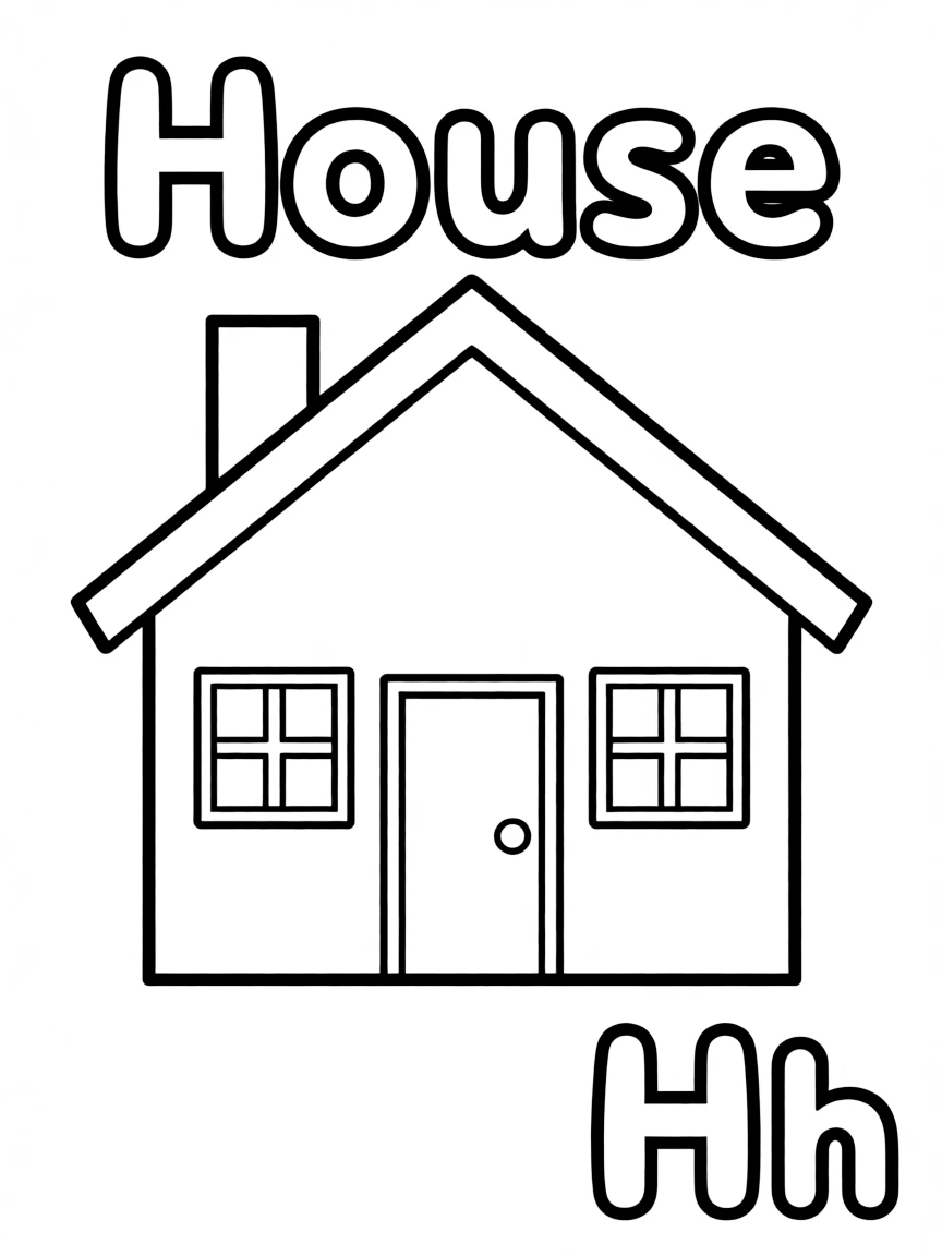 A house in the center, the word "House" on the top, and big letter "Hh" at the bottom right corner.