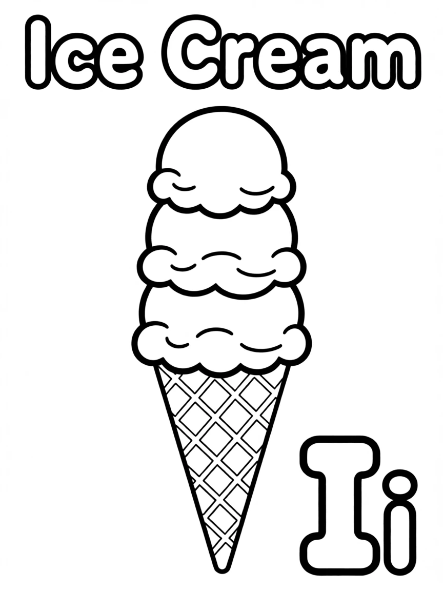 An ice cream in the center, the word "Ice Cream" on the top, and big letter "Ii" at the bottom right corner.