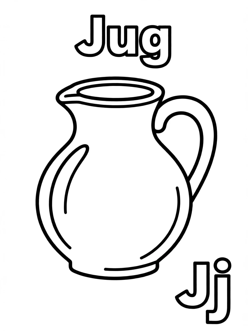 A jug in the center, the word "Jug" on the top, and big letter "Jj" at the bottom right corner.