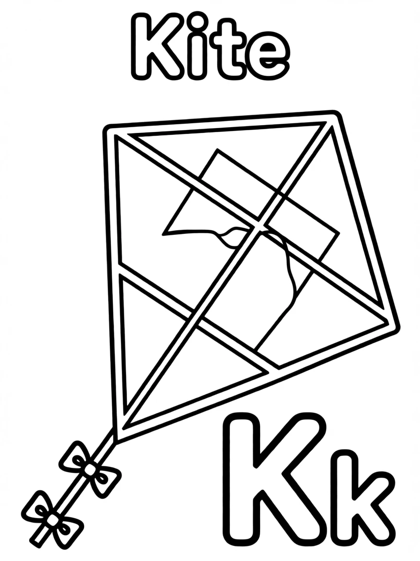 A kite in the center, the word "Kite" on the top, and big letter "Kk" at the bottom right corner.