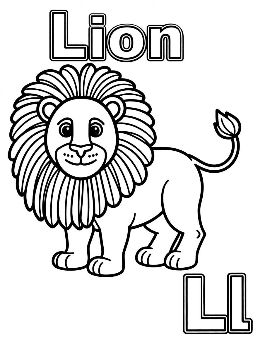 A lion in the center, the word "Lion" on the top, and big letter "Ll" at the bottom right corner.