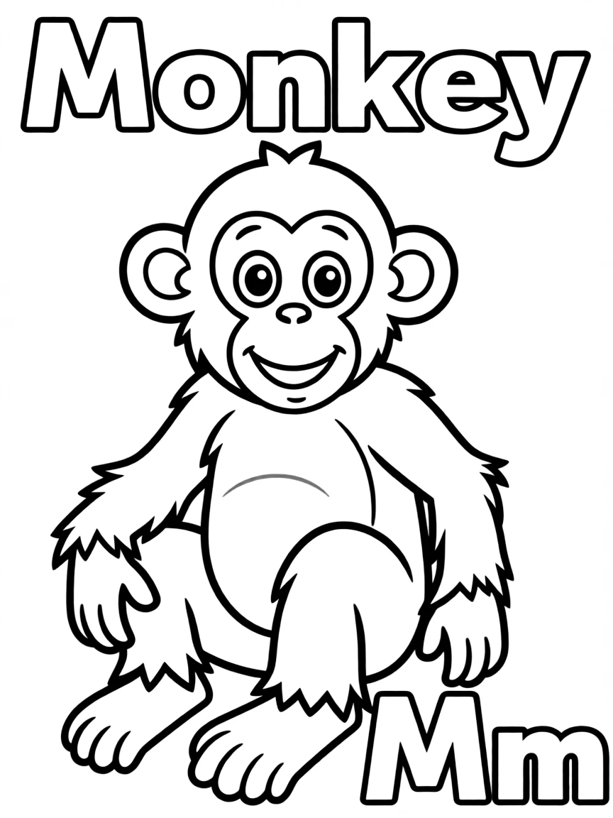 A monkey in the center, the word "Monkey" on the top, and big letter "Mm" at the bottom right corner.