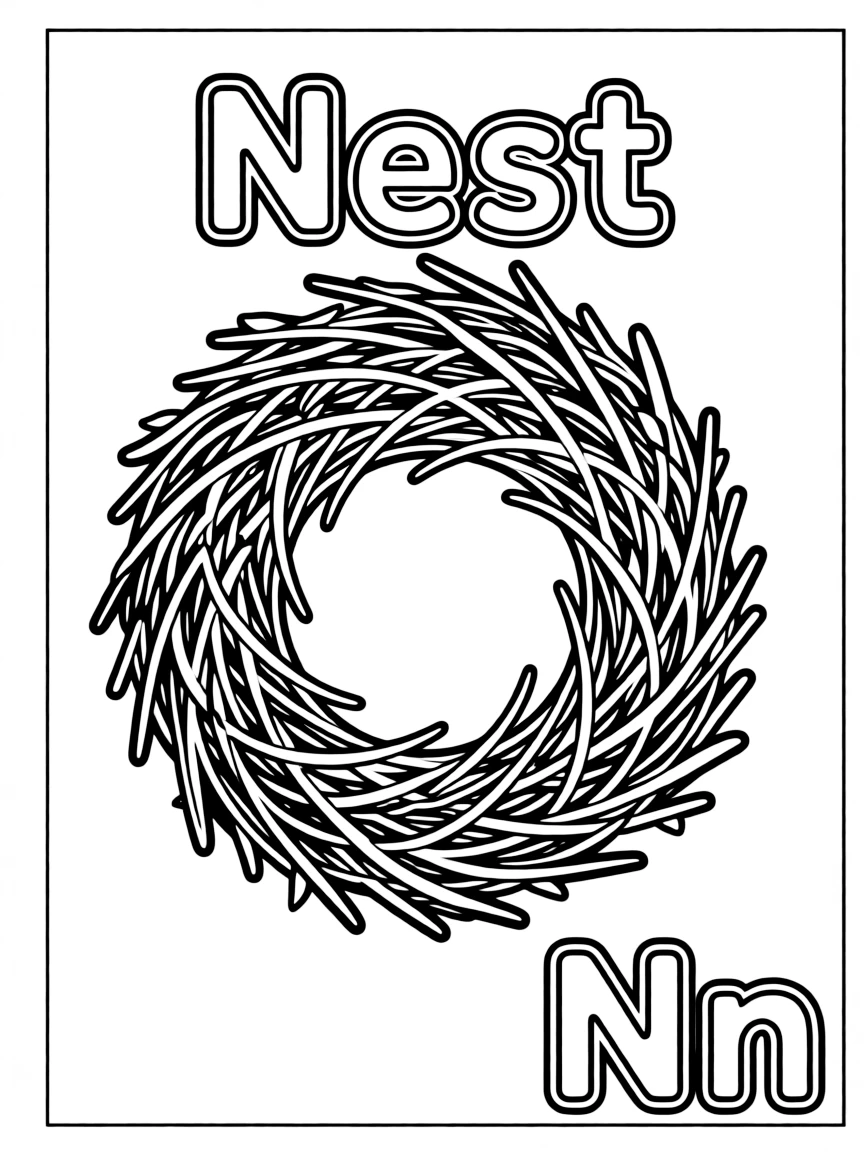 A nest in the center, the word "Nest" on the top, and big letter "Nn" at the bottom right corner.
