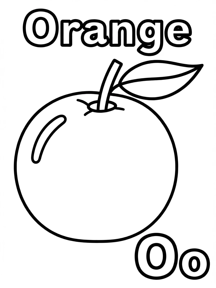 An orange in the center, the word "Orange" on the top, and big letter "Oo" at the bottom right corner.
