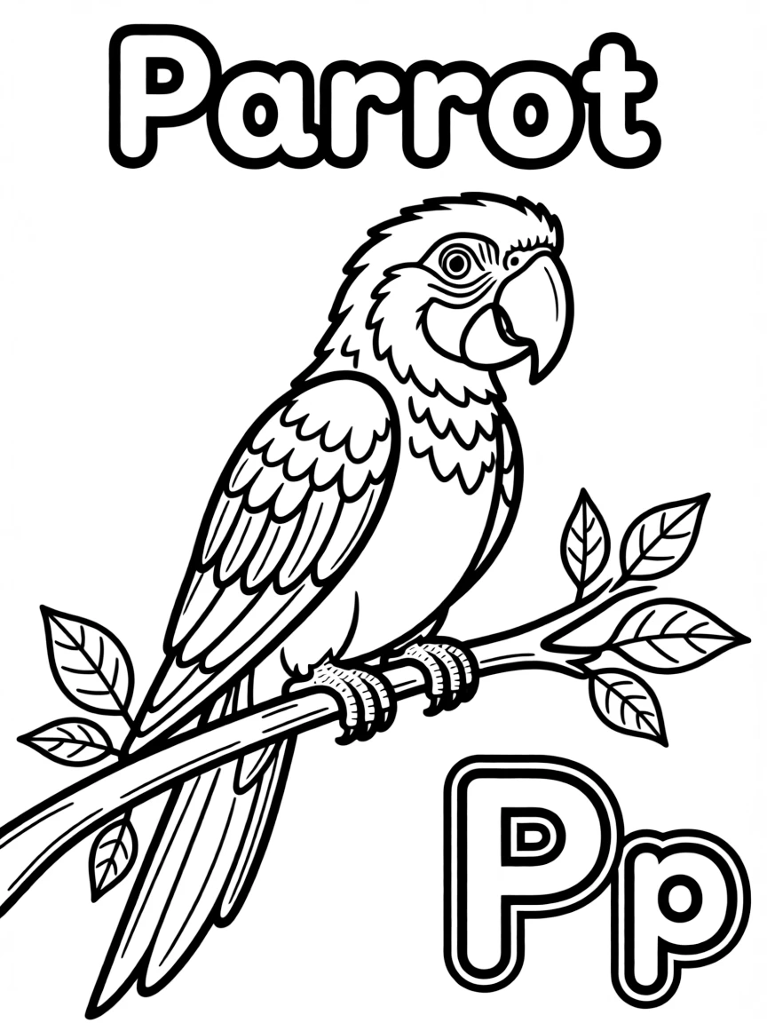 A parrot in the center, the word "Parrot" on the top, and big letter "Pp" at the bottom right corner.