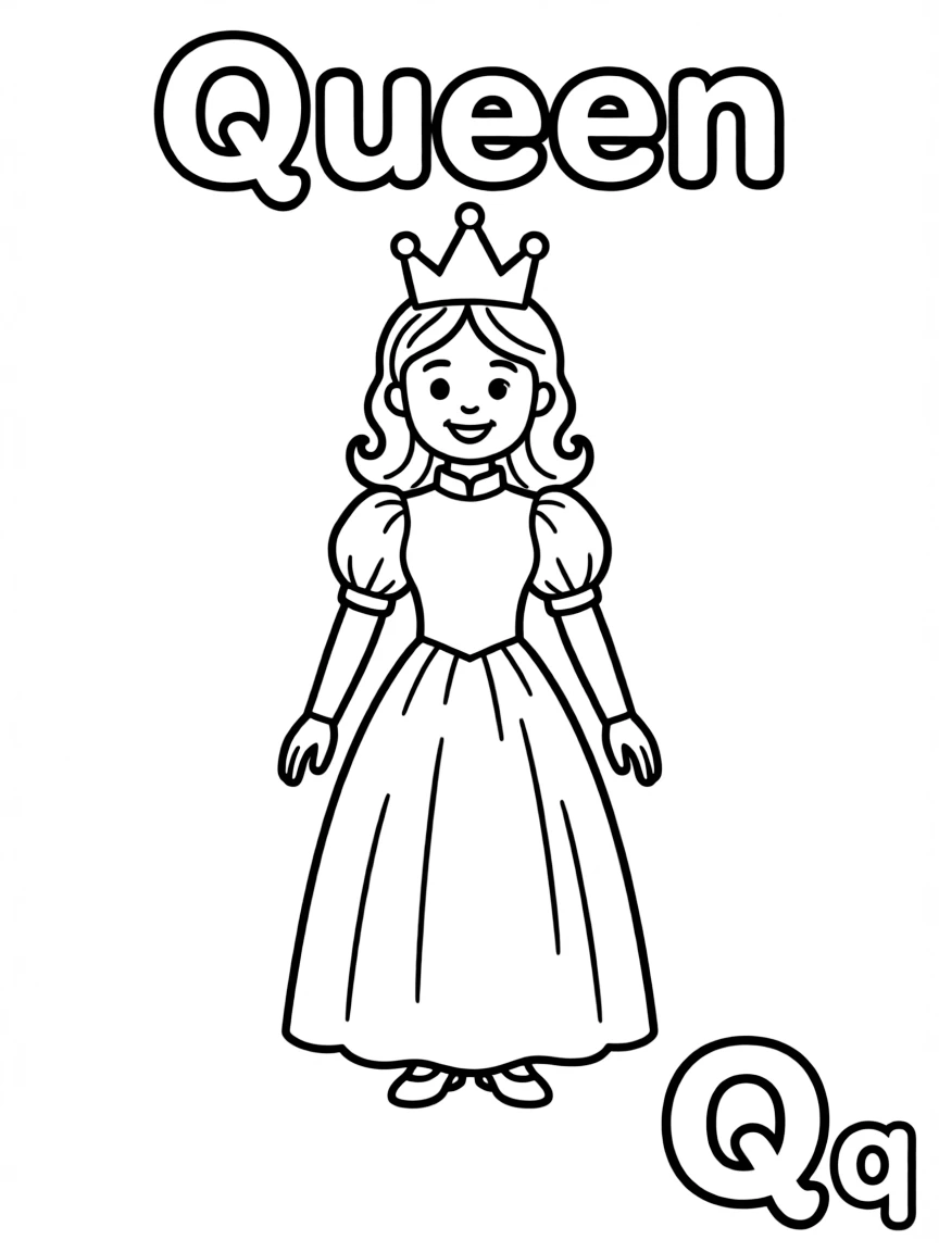 A queen in the center, the word "Queen" on the top, and big letter "Qq" at the bottom right corner.