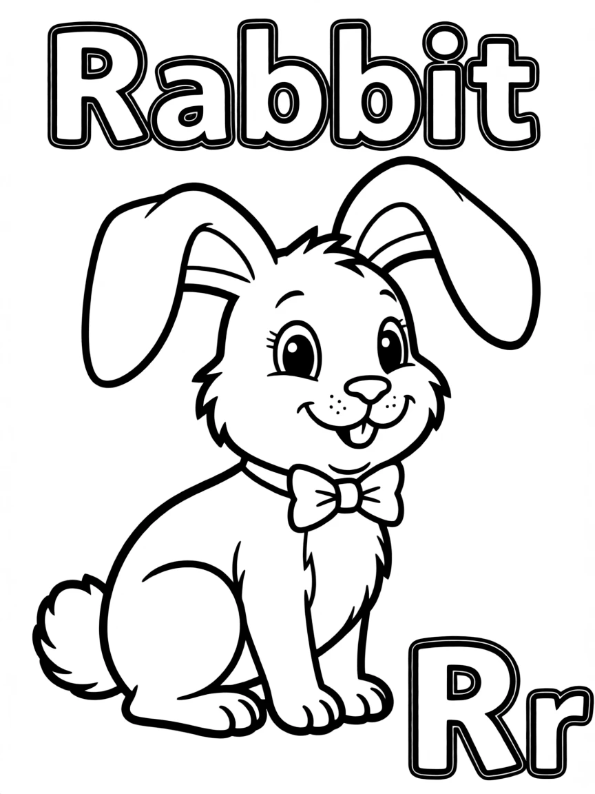A rabbit in the center, the word "Rabbit" on the top, and big letter "Rr" at the bottom right corner.