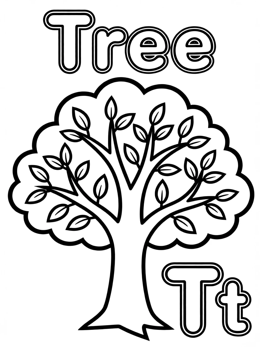 A tree in the center, the word "Tree" on the top, and big letter "Tt" at the bottom right corner.