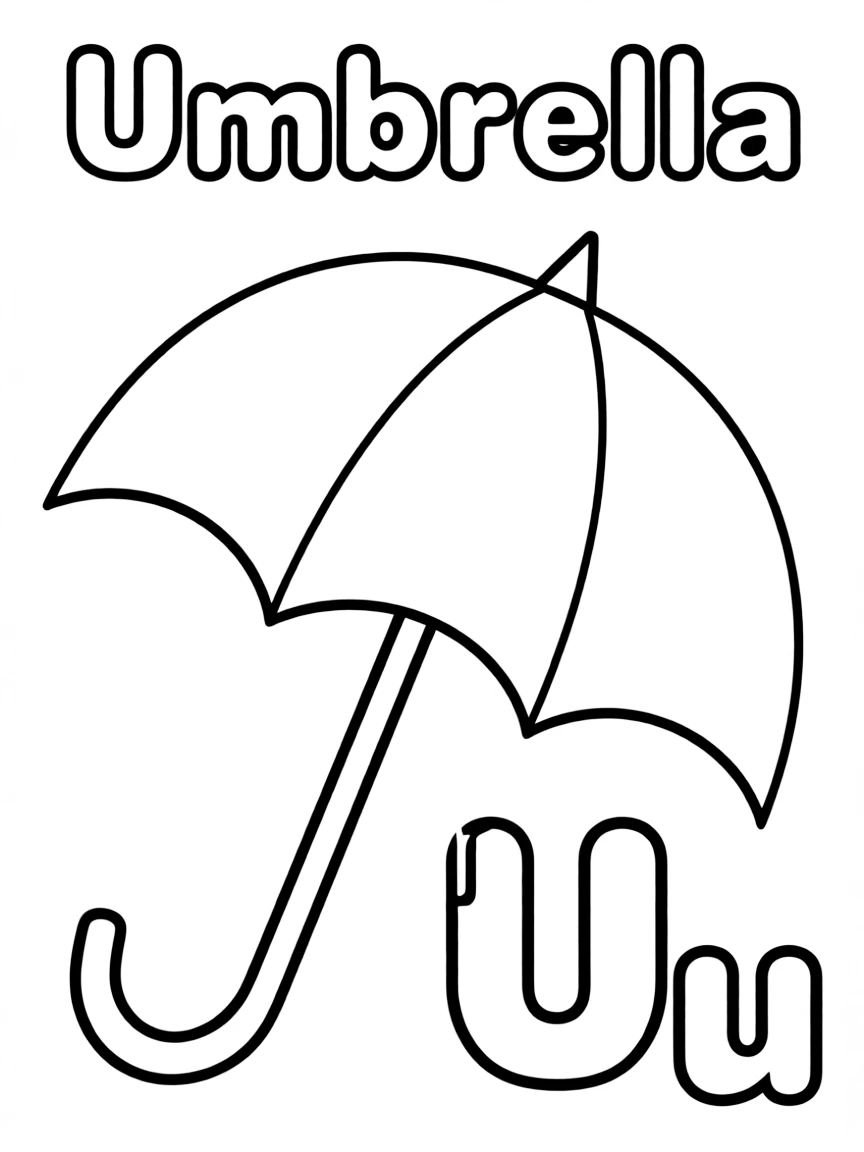 An umbrella in the center, the word "Umbrella" on the top, and big letter "Uu" at the bottom right corner.