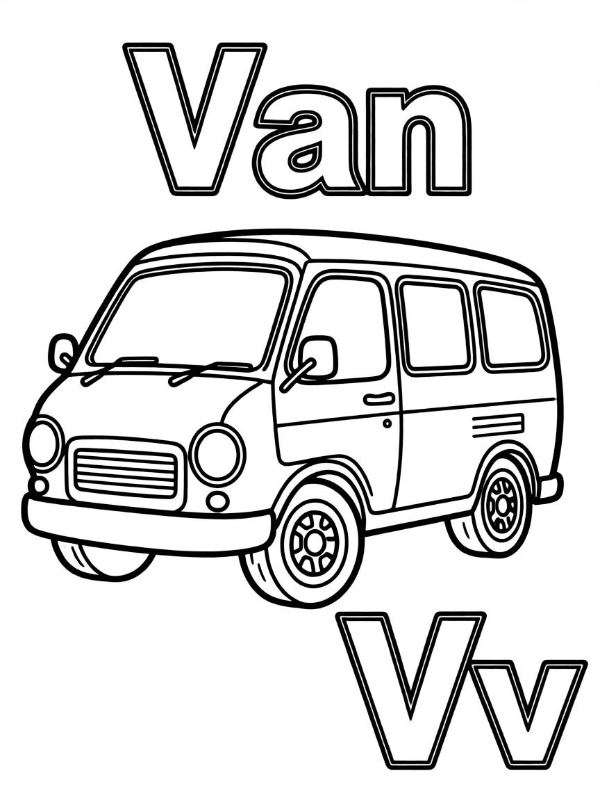 A van in the center, the word "Van" on the top, and big letter "Vv" at the bottom right corner.