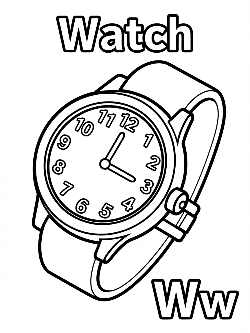 A watch in the center, the word "Watch" on the top, and big letter "Ww" at the bottom right corner.