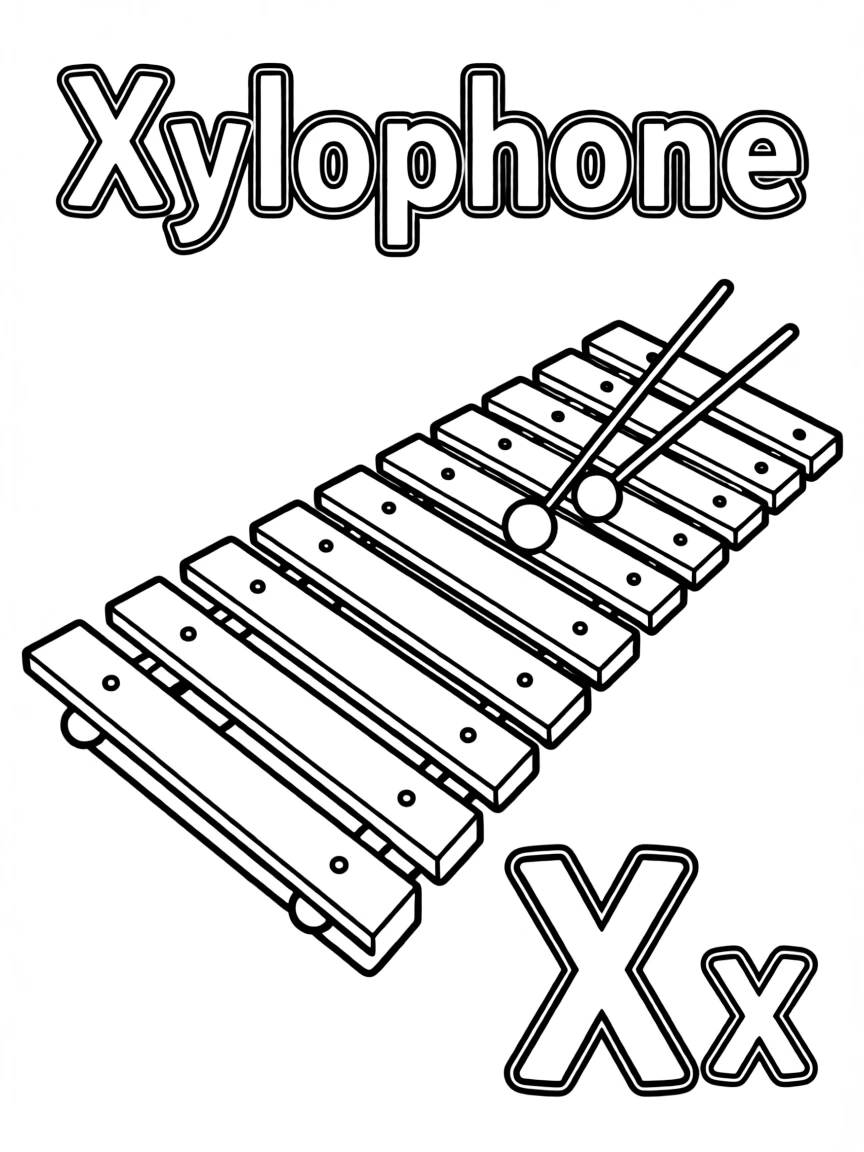 An xylophone in the center, the word "Xylophone" on the top, and big letter "Xx" at the bottom right corner.
