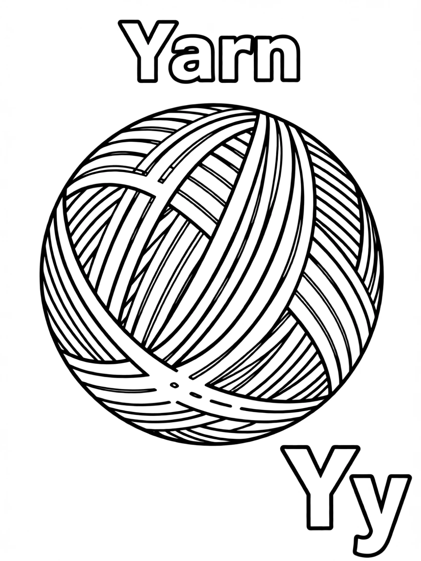 A yellow yarn ball in the center, the word "Yarn" on the top, and big letter "Yy" at the bottom right corner.