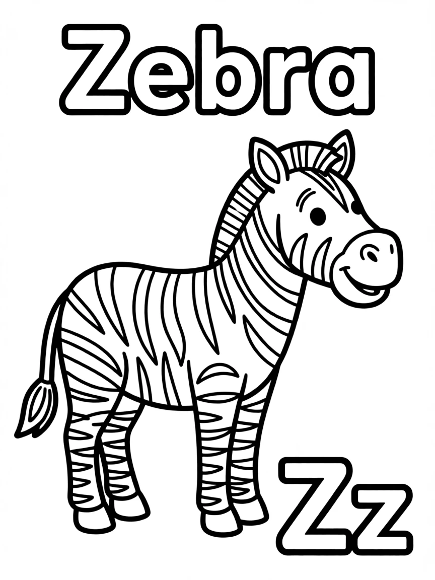 A zebra in the center, the word "Zebra" on the top, and big letter "Zz" at the bottom right corner.