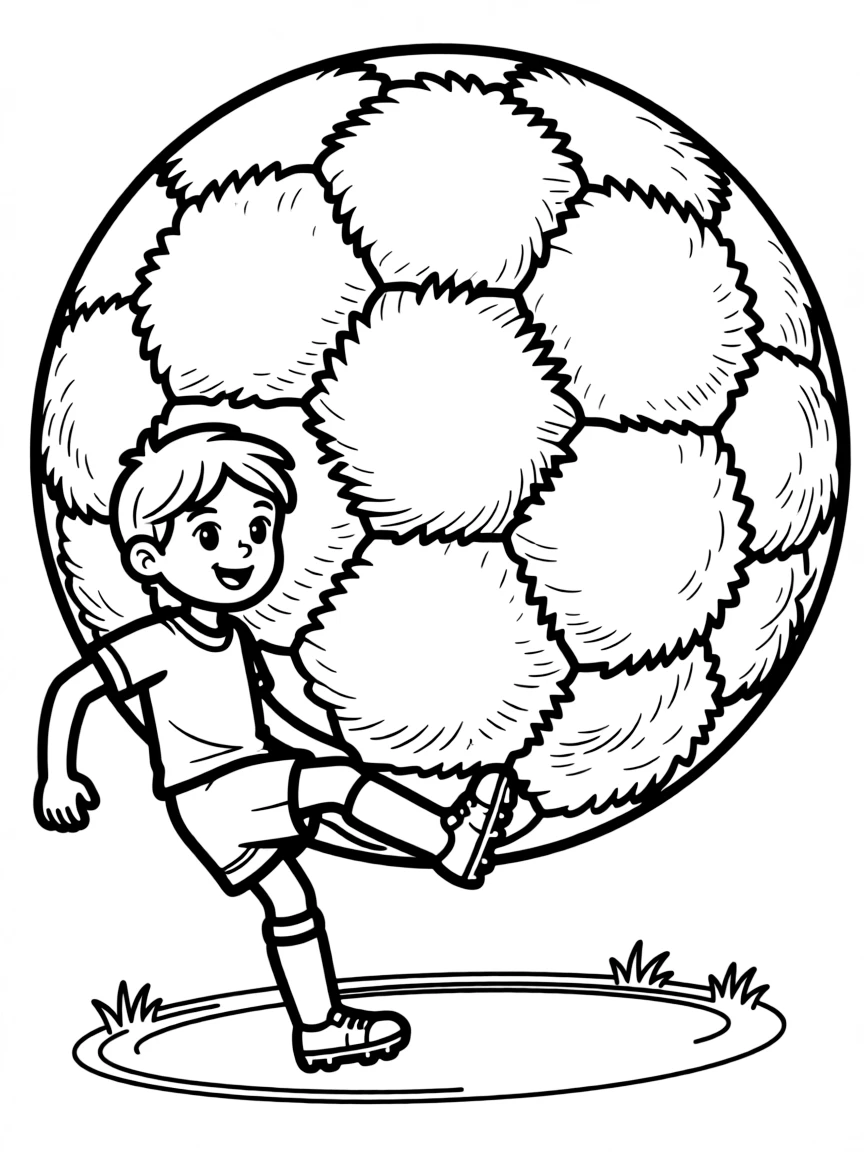 A tiny soccer player kicking a gigantic, fluffy soccer ball.