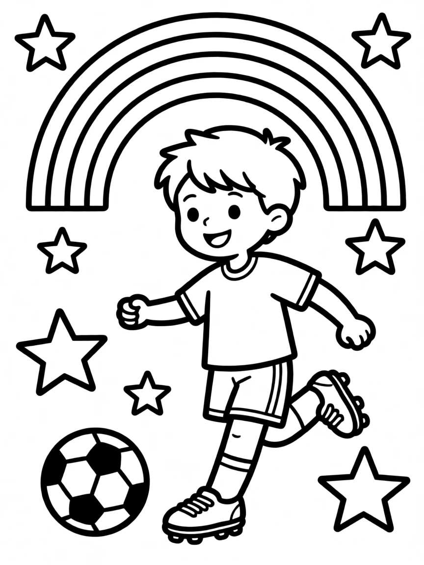 A happy little soccer player kicking a soccer ball, with stars and a rainbow in the background.