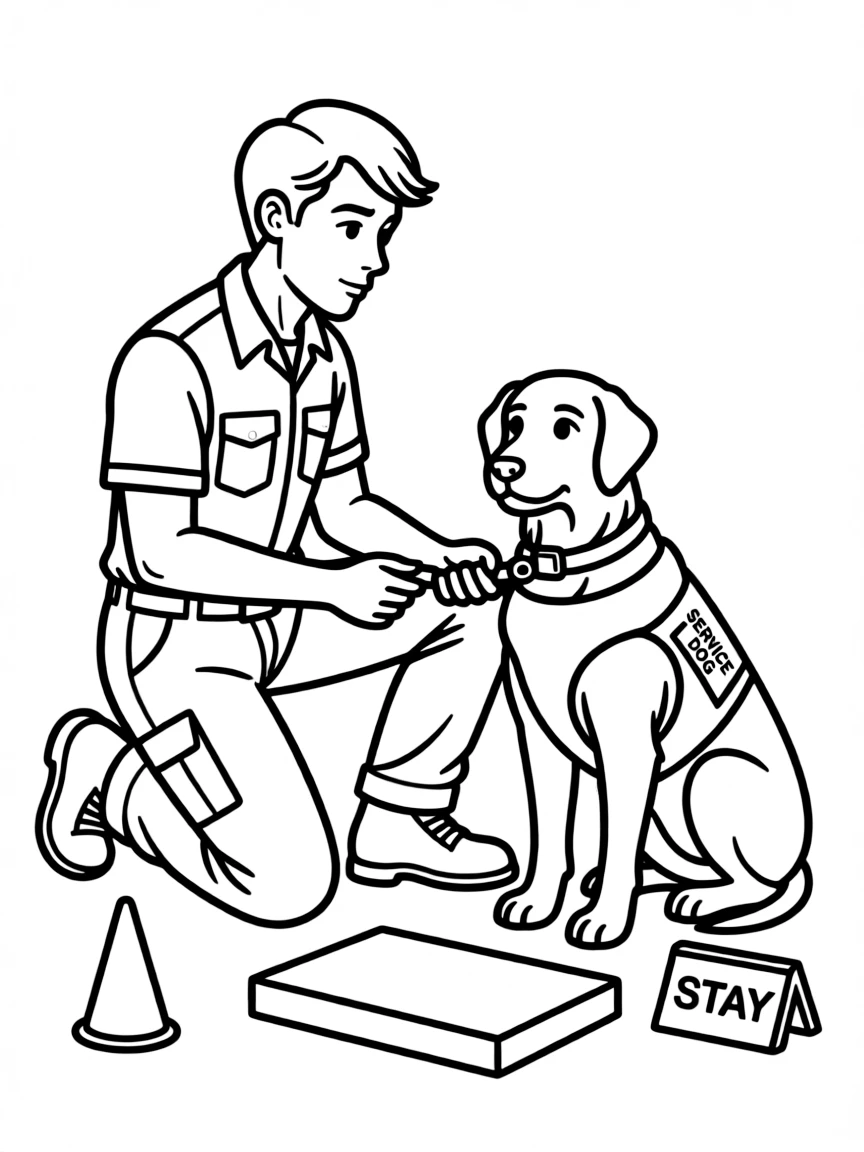 A military dog handler training a service dog
