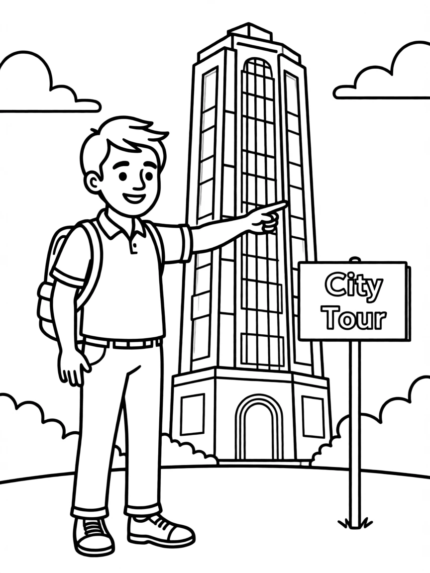 A tour guide pointing to a landmark.