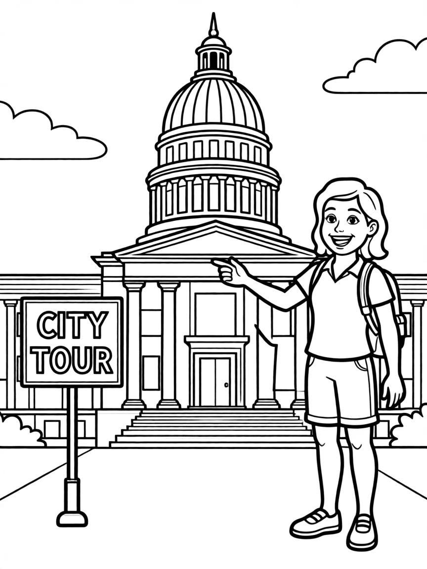 A tour guide pointing to a landmark.