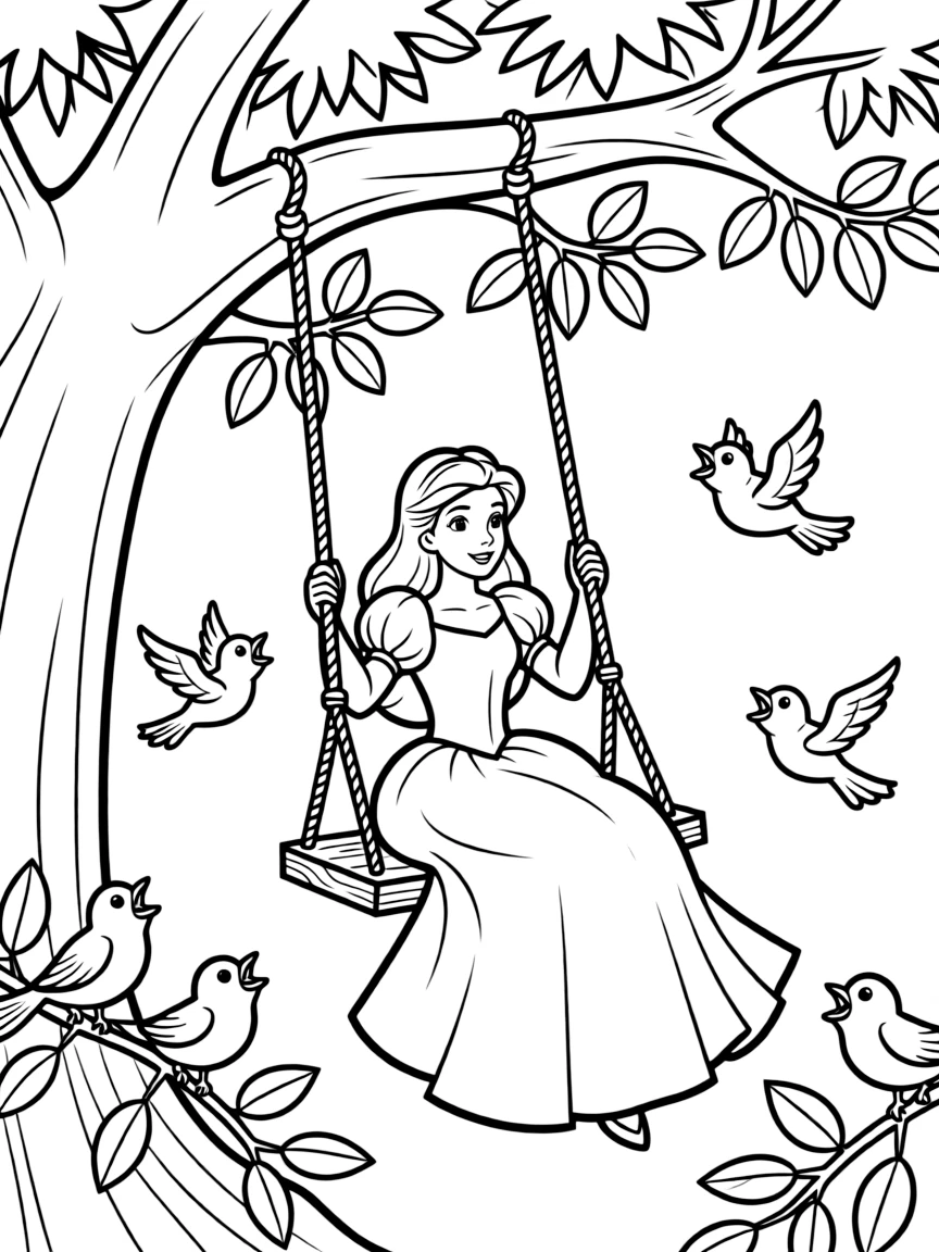 A Disney princess on a swing, high up in a tree, with singing birds.
