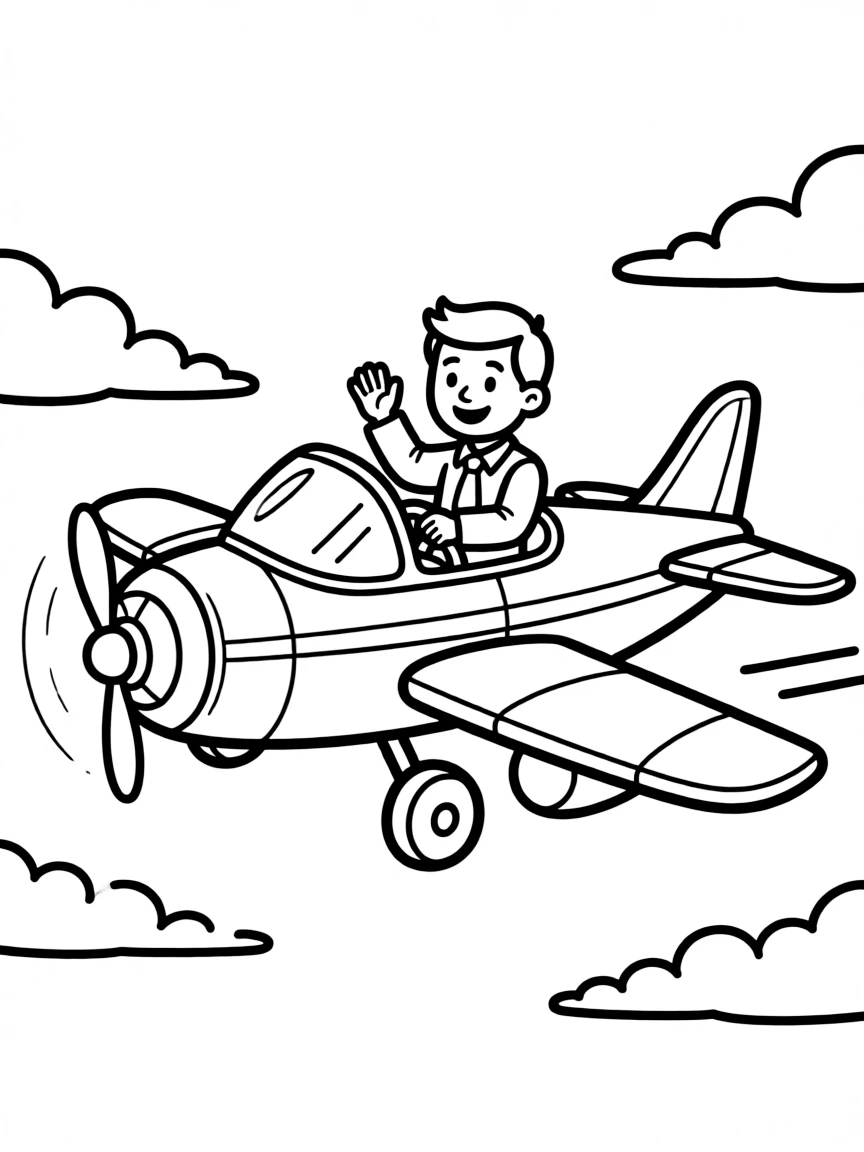coloring page of a man flying an airplane.