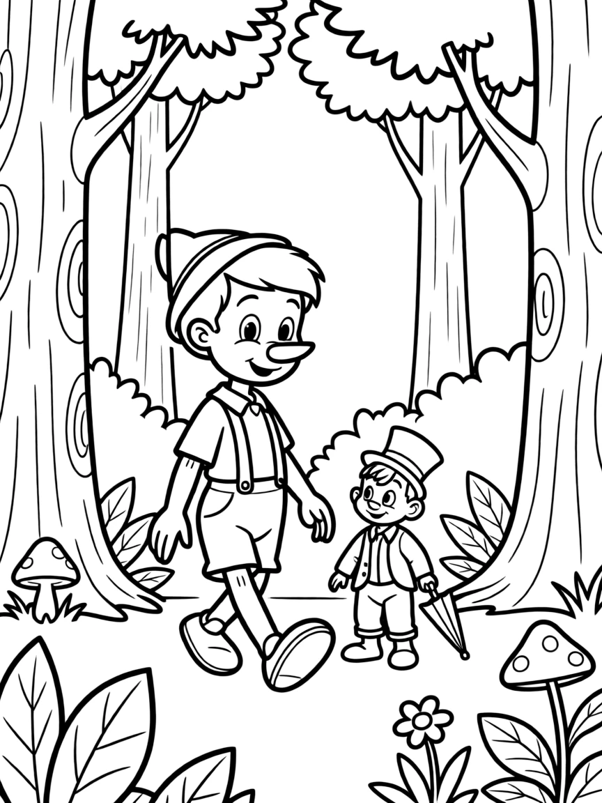 Pinocchio and Jiminy Cricket walking through a dark forest.