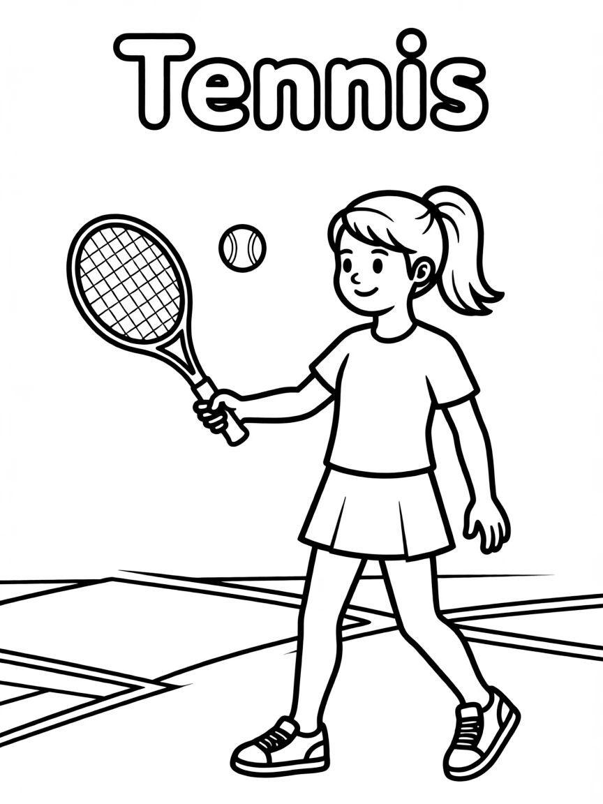 A girl is playing tennis. Text "Tennis" on the top.