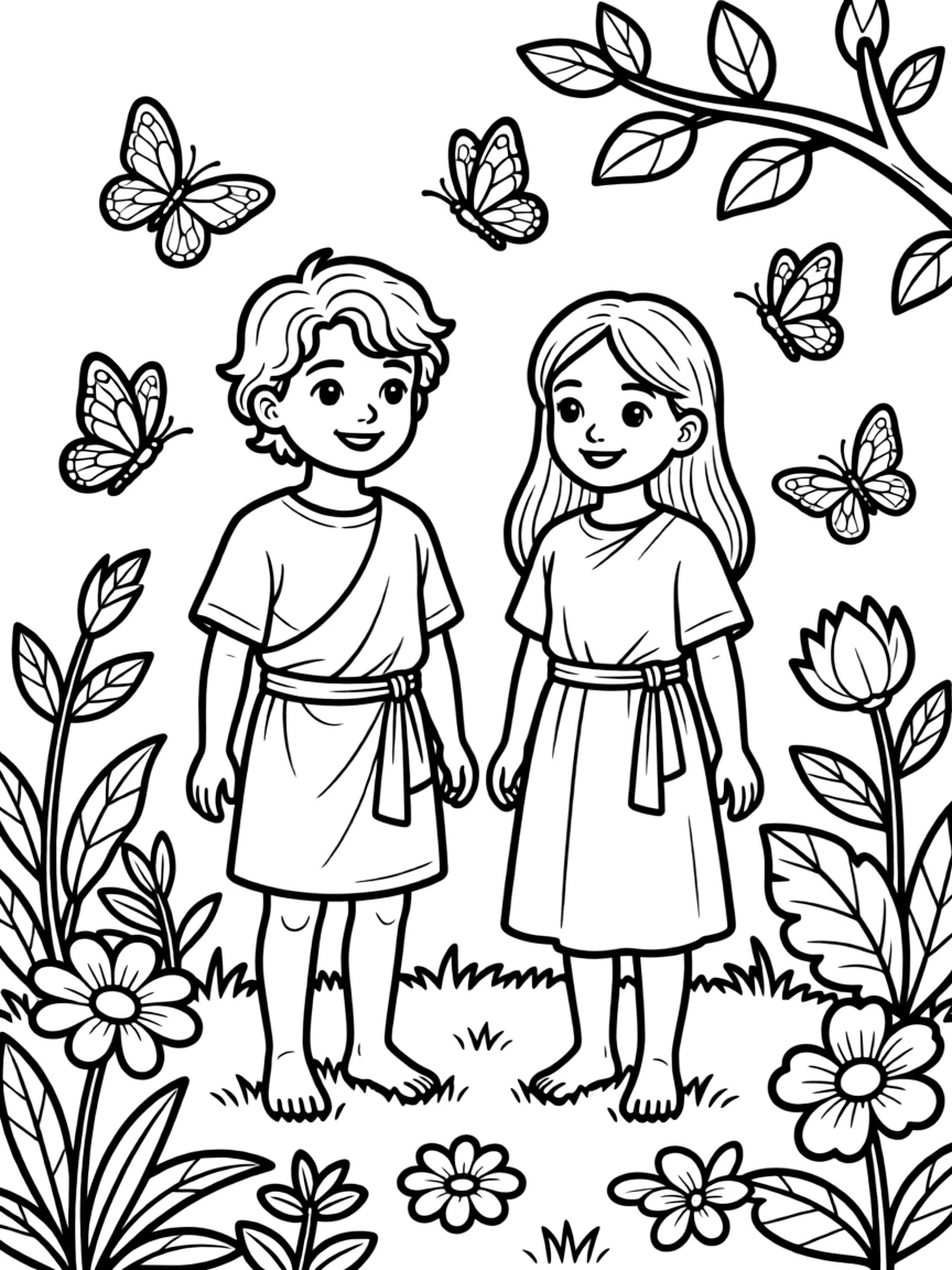 Adam and Eve in the garden, with colorful butterflies.
