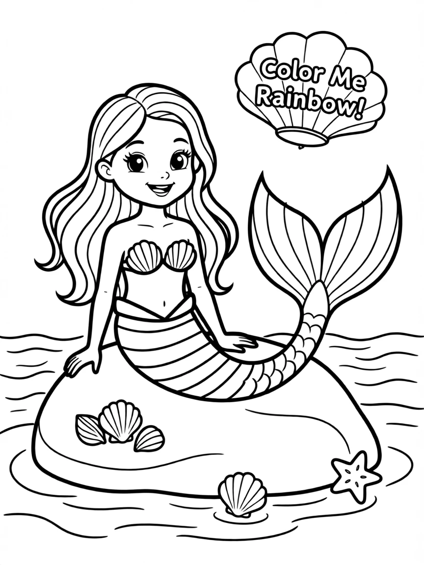 A mermaid whose tail transitions through all colors of the rainbow
