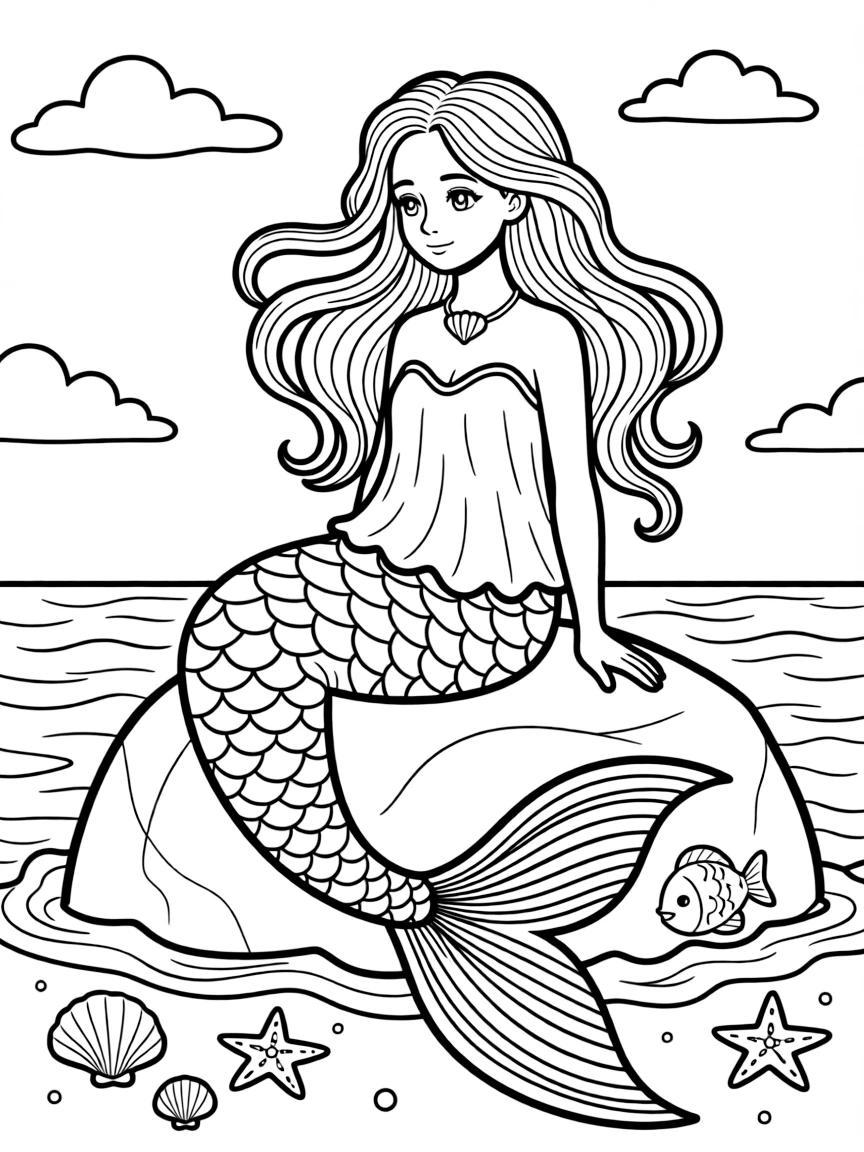 A mermaid whose tail transitions through all colors of the rainbow