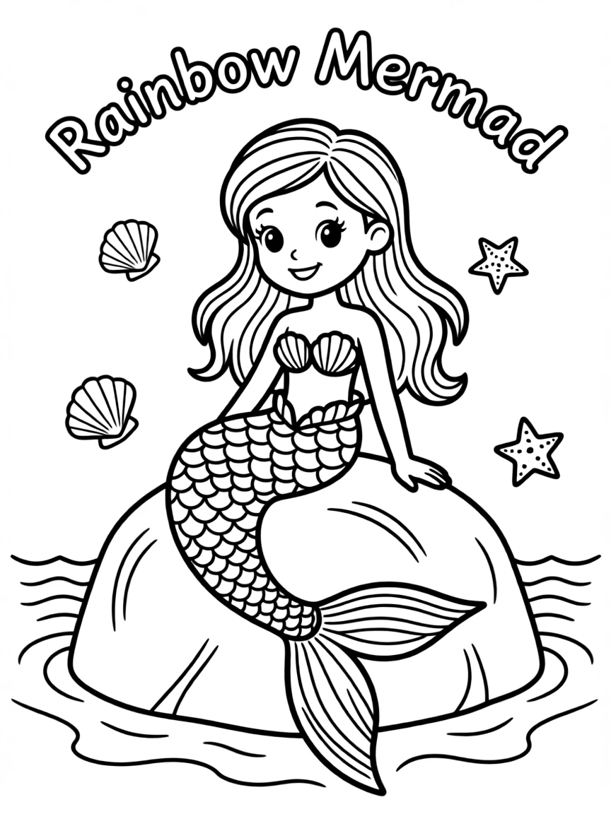 A mermaid whose tail transitions through all colors of the rainbow
